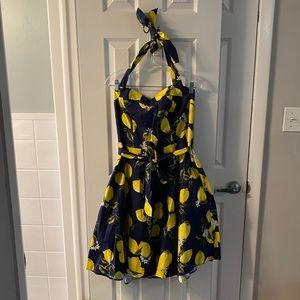 Pretty Navy with Lemons Print Halter Dress XL